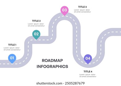 Infografía completa de la hoja de ruta, camino estratégico con 4 etapas clave, Ilustración vectorial