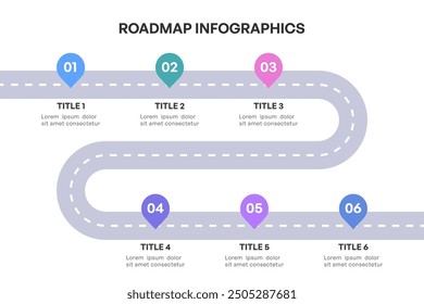 Comprehensive Roadmap Infographic, Strategic Milestone Path with 6 Key Stages, Vector Illustration