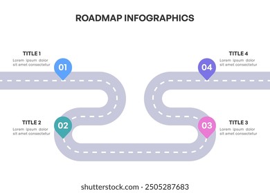 Infografía completa de la hoja de ruta, camino estratégico con 4 etapas clave, Ilustración vectorial