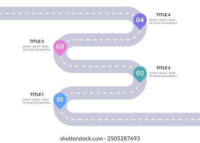 Infografía completa de la hoja de ruta, camino estratégico con 4 etapas clave, Ilustración vectorial