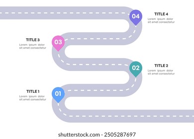 Infografía completa de la hoja de ruta, camino estratégico con 4 etapas clave, Ilustración vectorial