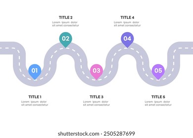 Infografía completa de la hoja de ruta, camino estratégico con 5 etapas clave, Ilustración vectorial