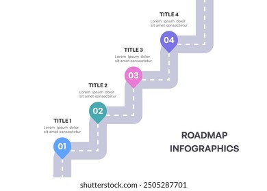 Infografía completa de la hoja de ruta, camino estratégico con 4 etapas clave, Ilustración vectorial