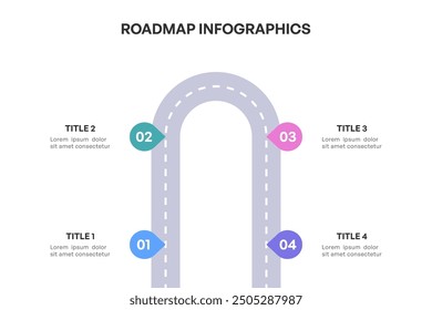 Infografía completa de la hoja de ruta, camino estratégico con 4 etapas clave, Ilustración vectorial