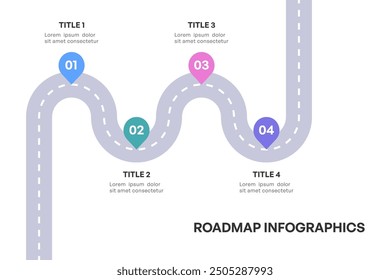 Infografía completa de la hoja de ruta, camino estratégico con 4 etapas clave, Ilustración vectorial