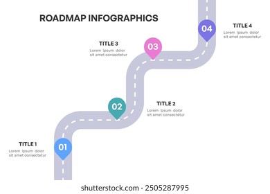 Infografía completa de la hoja de ruta, camino estratégico con 4 etapas clave, Ilustración vectorial