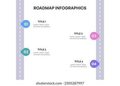 Infografía completa de la hoja de ruta, camino estratégico con 4 etapas clave, Ilustración vectorial