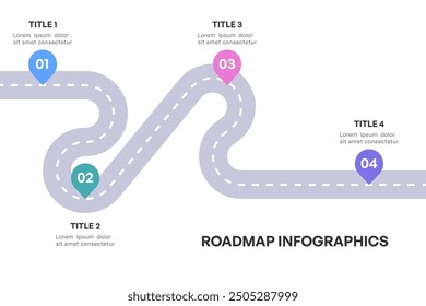 Infografía completa de la hoja de ruta, camino estratégico con 4 etapas clave, Ilustración vectorial