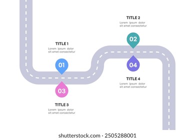 Infografía completa de la hoja de ruta, camino estratégico con 4 etapas clave, Ilustración vectorial