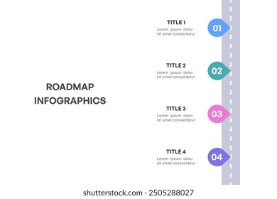 Infografía completa de la hoja de ruta, camino estratégico con 4 etapas clave, Ilustración vectorial