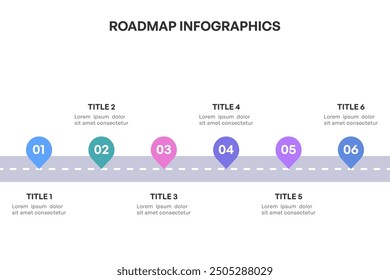 Comprehensive Roadmap Infographic, Strategic Milestone Path with 6 Key Stages, Vector Illustration