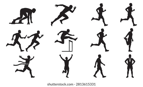 Comprehensive running silhouette vector collection showcasing track and field athletes. Features sprinter in starting blocks, fast running poses, marathon joggers, relay race baton pass, hurdler jumping, a finisher crossing the ribbon, winner celebrating, walking man, and a medalist standing proudly. Perfect for sports event branding, fitness apps, and marathon promotional layouts.