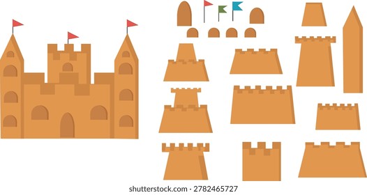 A comprehensive sandcastle constructor kit featuring a finished flat vector sand castle and a set of isolated building elements. Includes towers, walls, fortifications, arch windows, and colorful flags. Perfect for summer beach vacation graphics, children's activities, nursery prints, educational games, party invitations, and seasonal retail promotions.