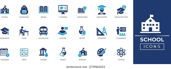 Comprehensive school icon set for education, e-learning and back to school design. Vector flat symbols including book, bus, pencil and graduation.