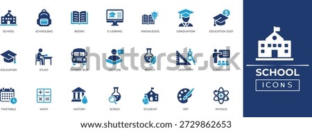 Comprehensive school icon set for education, e-learning and back to school design. Vector flat symbols including book, bus, pencil and graduation.