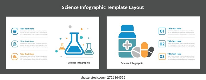 Comprehensive science infographic template featuring chemistry flasks and medical pills for healthcare presentations.