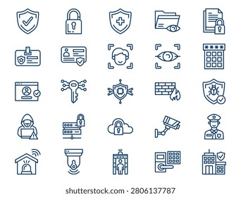 A comprehensive security outline collection is displayed on a clean white background. The collection features twenty-five distinct elements with consistent dark blue lines and no color fills. Concept of modern cryptocurrency firewall network, global corporate database authorization, and private digital biometric scan verification