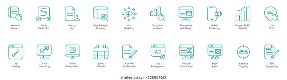 Comprehensive SEO and Digital Marketing Icon Set – Keyword Research, Social Media SEO, Anchor Text, Search Engine Crawling, Viral Marketing, Computer Analysis, Responsive Web Design, Mobile Marketing 