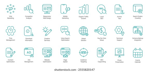 Comprehensive SEO and Digital Marketing Icon Set – Viral Marketing, Competitor Analysis, Responsive Web Design, Mobile Marketing, Organic Traffic Growth, Local SEO, Anchor Text, Search Engine Crawling