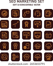 Comprehensive seo marketing icon collection for strategic digital growth and visibility featuring an editable vector