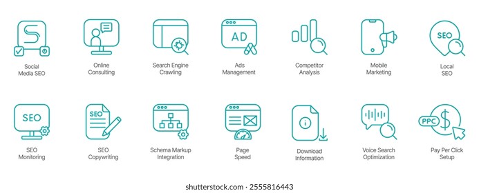 Comprehensive SEO and Marketing Icon Set – Social Media SEO, Online Consulting, Search Engine Crawling, Ads Management, Competitor Analysis, Mobile Marketing, Local SEO, SEO Monitoring 