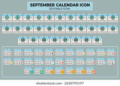Completo conjunto de iconos de calendario de septiembre con opciones editables y simbolismo atractivo para