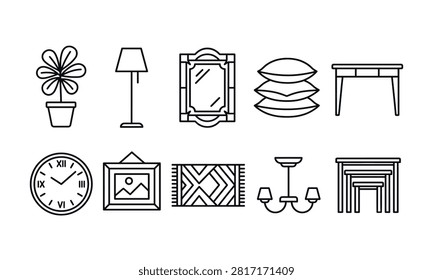 A comprehensive set of 10 modern black and white line icons featuring home decor accessories and furniture elements. Includes a potted houseplant, floor standing lamp, ornate wall mirror, stack of decorative pillows, wooden console table, Roman numeral wall clock, framed landscape art, patterned area rug, ceiling chandelier fixture, and nesting side tables. Ideal for interior design services, home staging websites, furniture store catalogs, modern decor blogs, and UI design projectsA comprehensive set of 10 modern black and white line icons featuring home decor accessories and furniture elements. Includes a potted houseplant, floor standing lamp, ornate wall mirror, stack of decorative pillows, wooden console table, Roman numeral wall clock, framed landscape art, patterned area rug, ceiling chandelier fixture, and nesting side tables. Ideal for interior design services, home staging websites, furniture store catalogs, modern decor blogs, and UI design projects