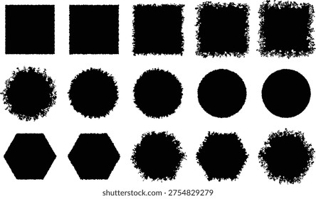 A comprehensive set of 15 black geometric silhouettes featuring squares, circles, and hexagons with varying levels of distressed, rough, and fuzzy edges, isolated on a white background.