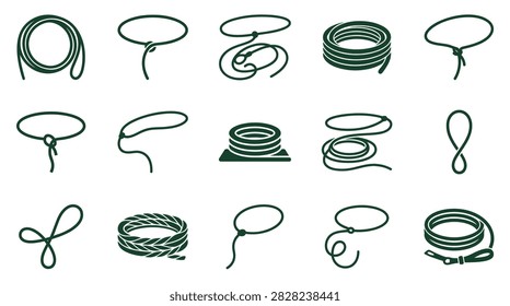A comprehensive set of 15 stylized vector illustrations depicting different types of ropes and lassos. This collection includes coiled lariats, western-style lassos with knots, braided cord loops, and stacked rope piles. Presented in a uniform dark green silhouette style on a plain white background, these icons are ideal for western themes, ranching graphics, cowboy-related designs, or maritime and nautical concept art.