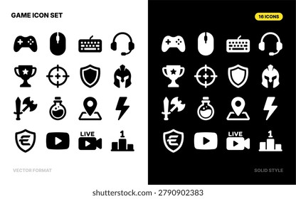 A comprehensive set of 16 distinct solid style icons, perfect for use in game interfaces, websites, or applications related to gaming, competition, and digital media.