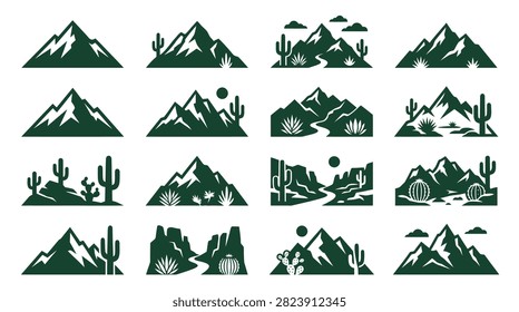 A comprehensive set of 16 minimalist vector icons showcasing various mountain ranges and desert landscapes. Each silhouette features elements like saguaro cacti, prickly pear, winding trails, canyons, and sun or moon discs. The dark green flat design is ideal for logos, outdoor adventure branding, hiking graphics, or travel illustrations.