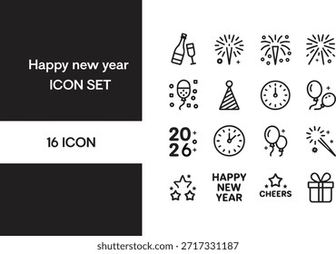 Un completo conjunto de 16 iconos de contorno dedicados a las celebraciones del Feliz Año Nuevo. La colección presenta varios Elementos festivos como una botella de champán y una copa, diferentes estilos de fuegos artificiales, un globo con confeti, un sombrero de fiesta, relojes que indican la medianoche, globos, el año '2026', estrellas, una bengala, una caja de regalo y Elementos de texto como 'FELIZ AÑO NUEVO' y 'VÍTORES'. Estos iconos minimalistas del arte de la línea son perfectos para las tarjetas de felicitación, las invitaciones, los diseños digitales, y las promociones festivas del acontecimiento.