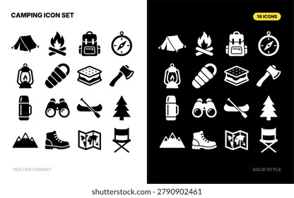 A comprehensive set of 16 solid style icons designed for outdoor camping and adventure activities, ideal for web or print graphics related to nature and recreation.
