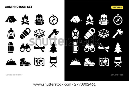A comprehensive set of 16 solid style icons designed for outdoor camping and adventure activities, ideal for web or print graphics related to nature and recreation.