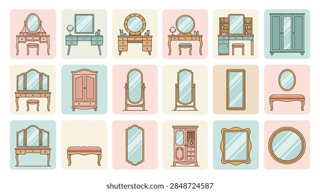 A comprehensive set of 18 flat vector icons depicting various dressing room and boudoir furniture pieces. The collection includes diverse vanity tables with different mirror shapes, wooden wardrobes, storage cabinets, upholstered stools, and full-length mirrors. Designed in a soft pastel color palette of pink, light blue, and tan, these elements are ideal for interior design planning, fashion retail, and home decor layouts.