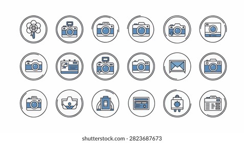 Comprehensive set of 18 photography and camera equipment icons featuring digital cameras, DSLRs, lenses, photo frames, and gear bags in a blue and white linear graphic style.