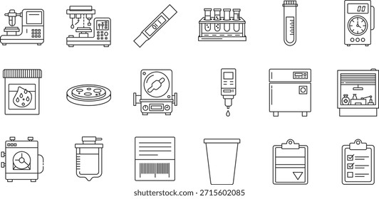 Un conjunto completo de 18 iconos profesionales de laboratorio y líneas de investigación médica. Esta colección de Vector de alta calidad presenta ilustraciones detalladas de equipos científicos modernos y herramientas de diagnóstico, incluida una centrífuga de laboratorio, una incubadora digital, una estación de microscopio y analizadores químicos automatizados. El conjunto contiene elementos microbiológicos y clínicos esenciales, como placas de Petri con cultivos bacterianos, tubos de ensayo en un bastidor, recipientes de colección de muestras y pipetas graduadas. También se incluyen íconos administrativos y de datos como Portapapeles con listas de verificación, etiquetas de código de barras y temporizadores digitales. Diseñados en un estilo limpio y minimalista de líneas finas, estos íconos son perfectos para infografías de atención médica, interfaces de Sitio web de biotecnología, diseño de App médicos, presentaciones farmacéuticas y materiales de ciencias educativas. Todos los símbolos están aislados sobre un fondo blanco para una fácil integración en proyectos profesionales.