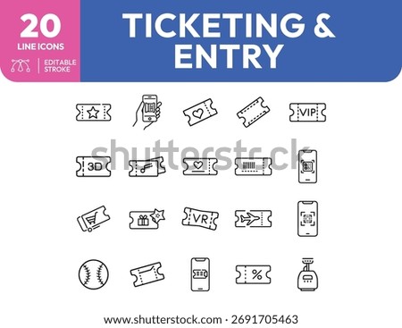 A comprehensive set of 20 line icons representing various aspects of ticketing and entry, including different types of tickets, digital passes, and related items, suitable for web and print designs.