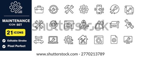 A comprehensive set of 21 maintenance and repair icons including tools, gears, and service symbols for automotive, home, and technical support.