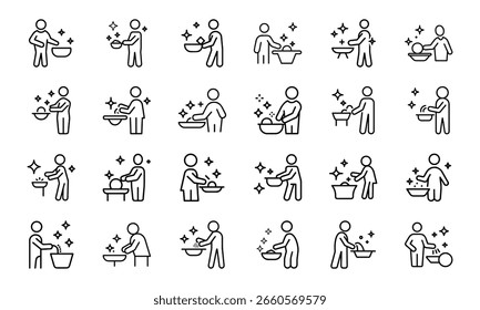 Ein umfangreiches Set von 24 schwarz-weißen Linien-Symbolen, die verschiedene Konzepte wie Geschäftsstrategie, Bildung, Kundenservice und Aktivitäten im täglichen Leben darstellen.