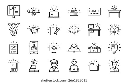  A comprehensive set of 24 black and white line icons representing diverse concepts such as business strategy, education, customer service, and daily life activities.