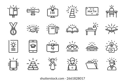  A comprehensive set of 24 black and white line icons representing diverse concepts such as business strategy, education, customer service, and daily life activities.