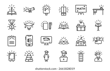  Un conjunto completo de 24 íconos de línea en blanco y negro que representan diversos conceptos como estrategia de negocios, educación, Servicio al cliente y actividades de la vida diaria.