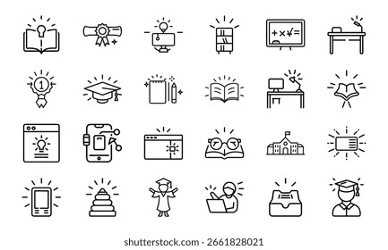  A comprehensive set of 24 black and white line icons representing diverse concepts such as business strategy, education, customer service, and daily life activities.