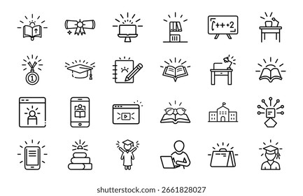  A comprehensive set of 24 black and white line icons representing diverse concepts such as business strategy, education, customer service, and daily life activities.