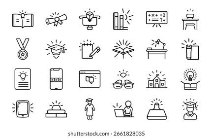  A comprehensive set of 24 black and white line icons representing diverse concepts such as business strategy, education, customer service, and daily life activities.