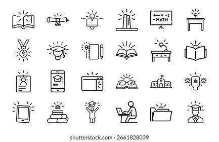  Un conjunto completo de 24 íconos de línea en blanco y negro que representan diversos conceptos como estrategia de negocios, educación, Servicio al cliente y actividades de la vida diaria.
