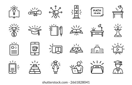  Un conjunto completo de 24 íconos de línea en blanco y negro que representan diversos conceptos como estrategia de negocios, educación, Servicio al cliente y actividades de la vida diaria.