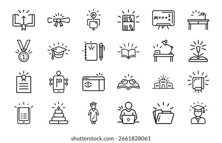  A comprehensive set of 24 black and white line icons representing diverse concepts such as business strategy, education, customer service, and daily life activities.