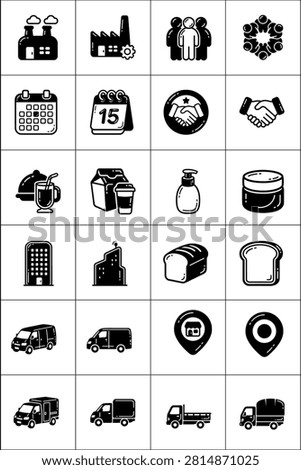 A comprehensive set of 24 black and white outline business and logistics icons. Featuring factory, handshake, calendar, delivery trucks, food, and location pins for web and mobile app design.